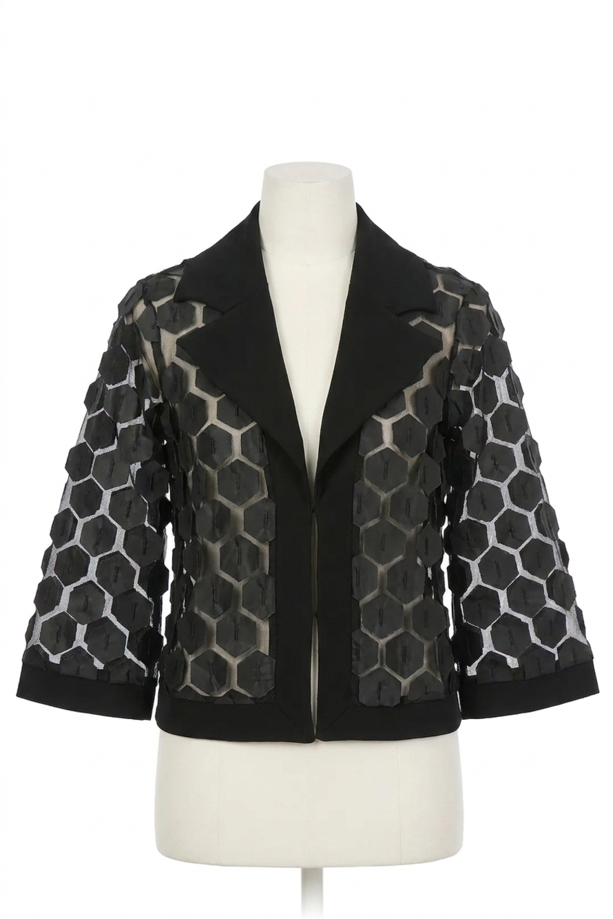 NEW JOSEPH RIBKOFF collared embroidered mesh trapeze jacket in black/silver